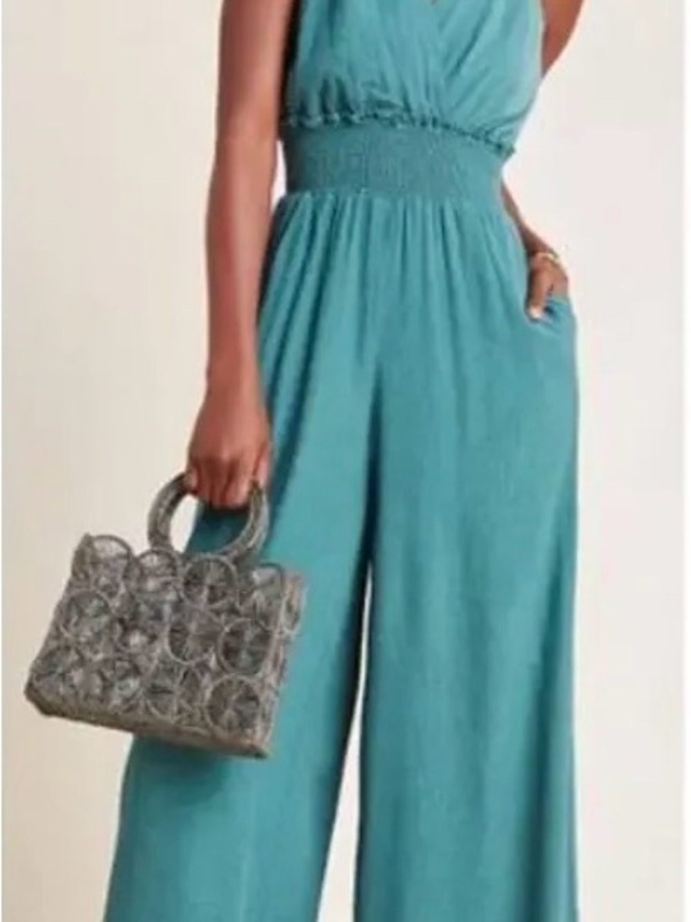 Anthropologie Biode Plisse Teal Wide-Leg Jumpsuit with Smocked Waist, Size XSP